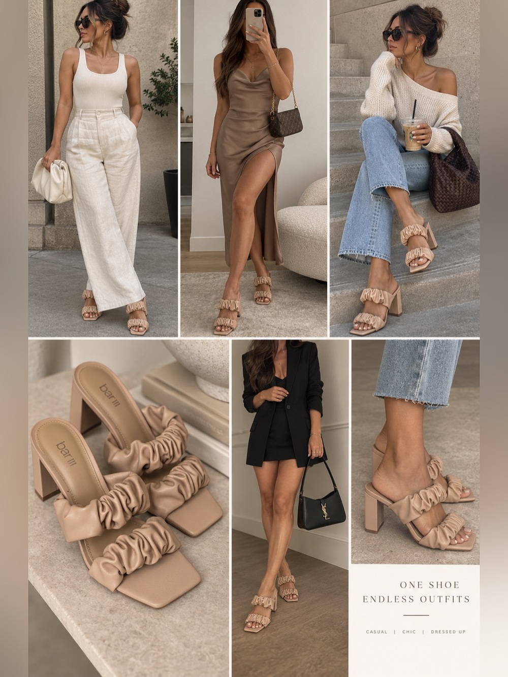 Beige Tan Scrunch Strap Sandal Slip On Vegan Leather Heels